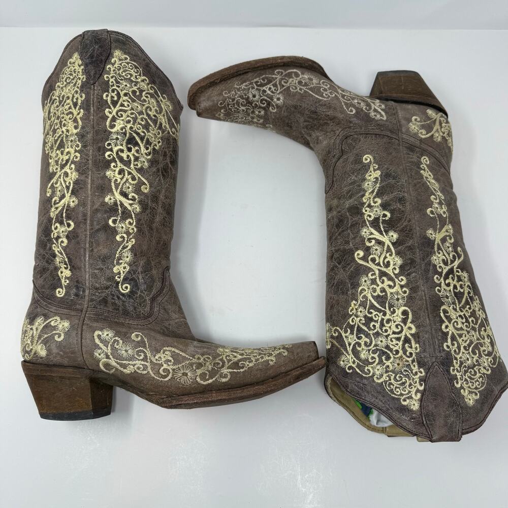 Corral Boots Women's 8.5 M Tan Bone Floral Embroidery Western Boot Rodeo Cowgirl - Picture 12 of 15